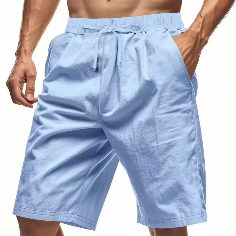 Men’s vacation beach shorts, linen shorts, material: 95% linen + 5 polyester fiber; breathable casual wear for summer; linen clothing for seaside vacations.