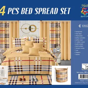 12 King 24 Pieces Bedspread Set - 1 Bedspread, 1 Fitted Sheet, 2 Pillow Cases, 2 Cushion Covers, 4 Solid Curtains, 2 Print Curtains, 1 Mat, 2 Slippers, 1 Basket