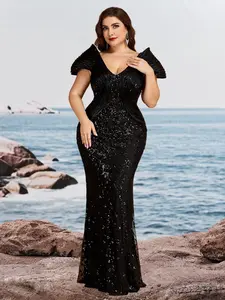 Vintage Patchwork Pleated Texture Bridesmaid Dress, Cap Sleeve V Neck Sequin Mermaid Gown, Queenly Hostess Party Carpet Dress, Womenswear Lady