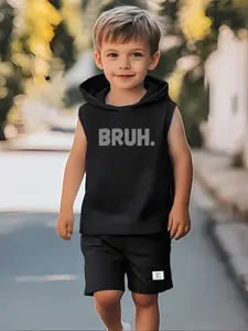 Boys Summer Sleeveless Hoodie Shorts Set, Bruh Slogan Print, Breathable Stretch Fabric, Casual Loose Fit, 3-10 Years, Perfect for Vacation Camping Birthday Gift, Clothes Kids