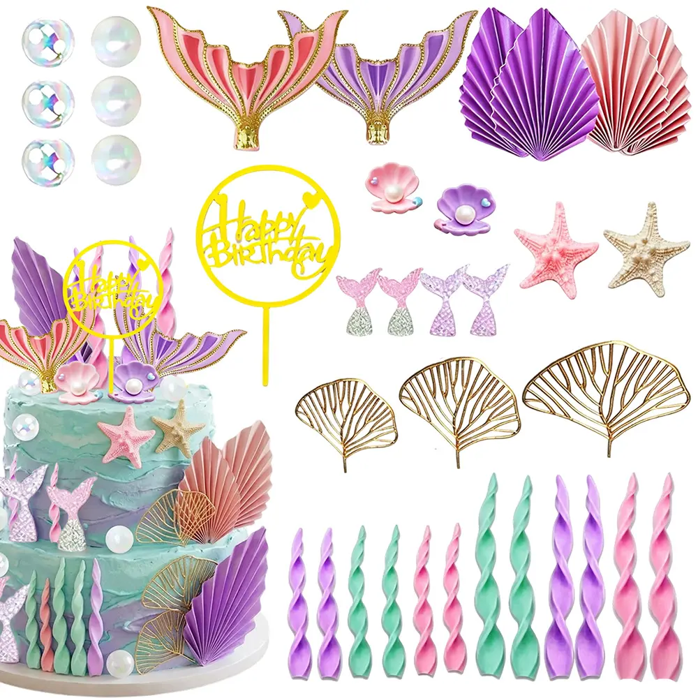 36Pcs Mermaid Cake Topper - Mermaid Tail Cake Decorations with Seaweed Shells Starfish Under the Sea Cake Decorations for Birthday Party Decorations - Home Improvement.