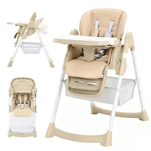 GAOMON Foldable High Chair for Babies & Toddlers, PU Leather Highchair with Adjustable Backrest, Footrest, Seat Height, Removable Tray, 5-Point Safety Harness & Locking Wheels,Champagne