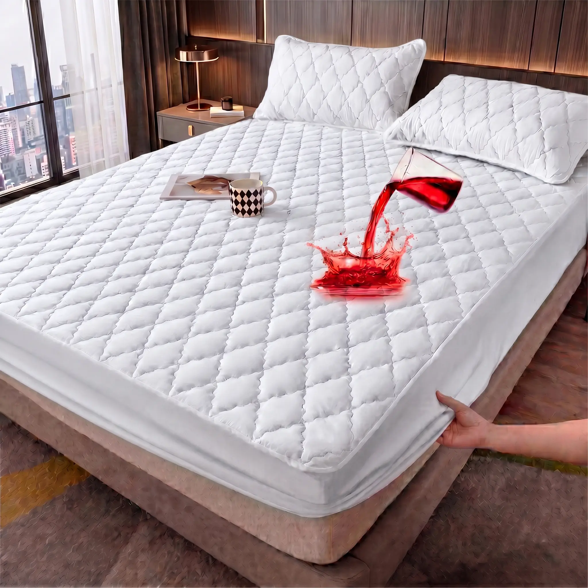High-quality waterproof mattress protector set (includes pillowcase), soft and breathable, diamond quilting design, deep pocket version; available in Twin/Single, Full, Queen, King sizes; machine washable.