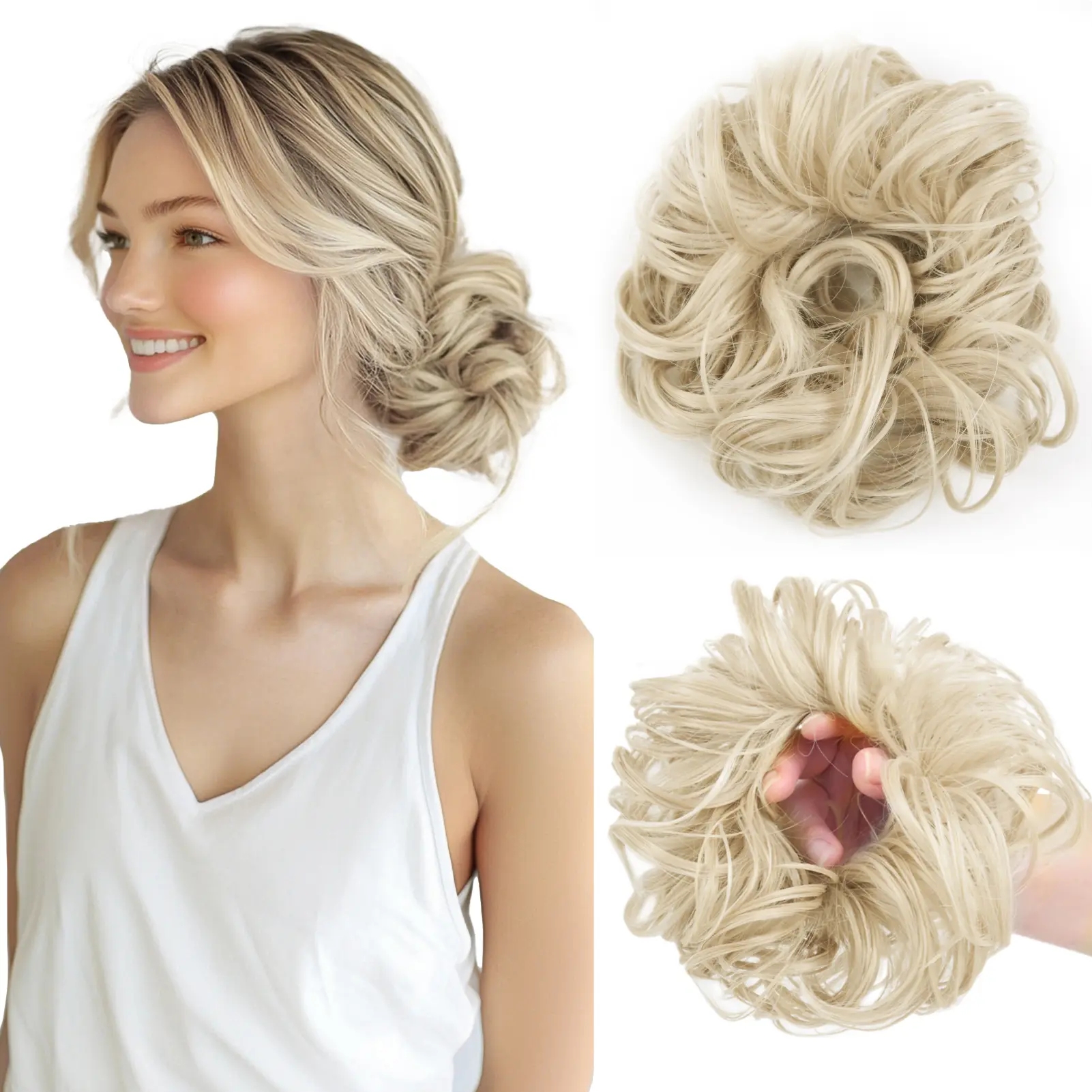 Vlasy Women's Synthetic Fiber Loose Wave Bulk Hair Piece - 35g-55g Soft Wavy Curly Donut Scrunchie, Elegant Natural Fluffy Ponytail Accessory, Adds Volume Casual Updo Chignon Synthetic Extensions & Pieces for Halloween, Ponytail Hairstyles, Hair Extension
