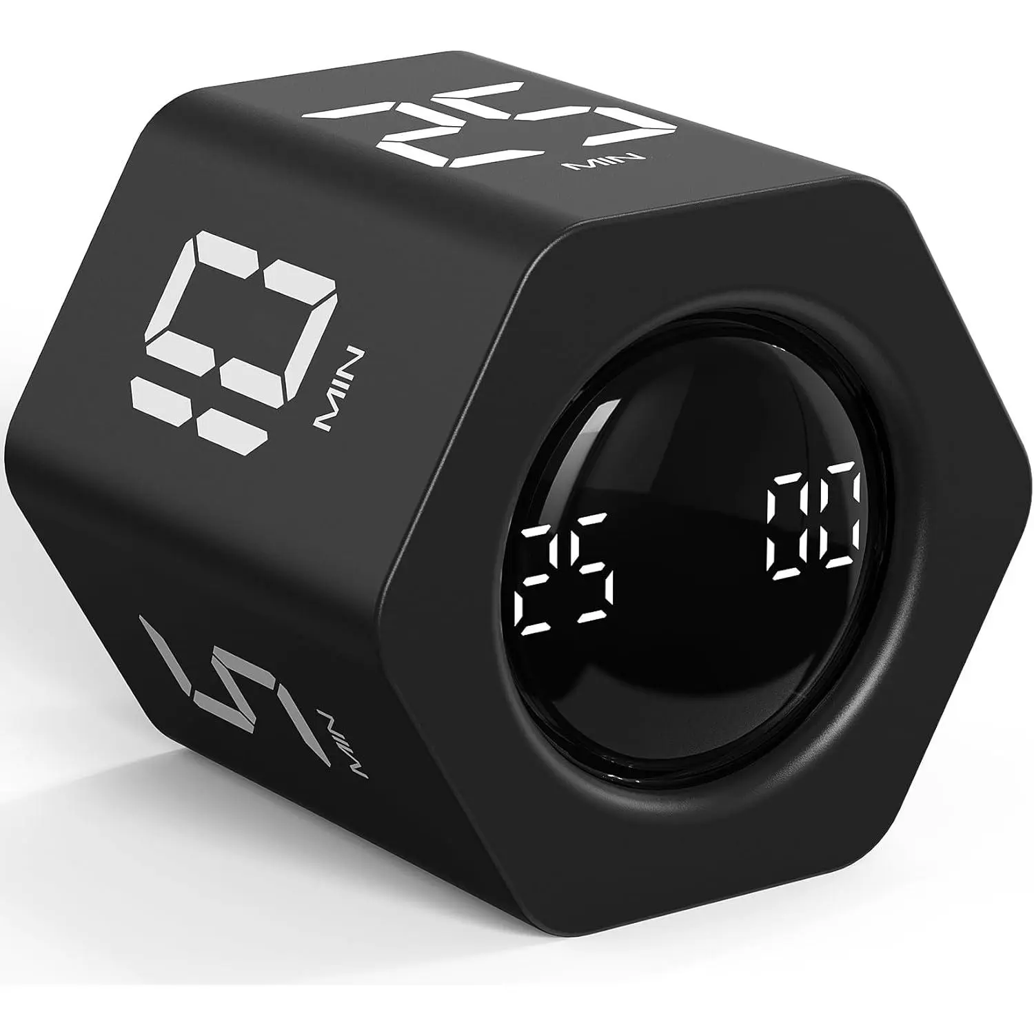 Rotating Pomodoro Timer 5, 25, 10 30,60 Mins Preset Stopwatch, Desk Flip ProductivityTimer,  Tool Hexagon, Vibration/Mute/, for Work, Study,  to School, Kitchen, Black