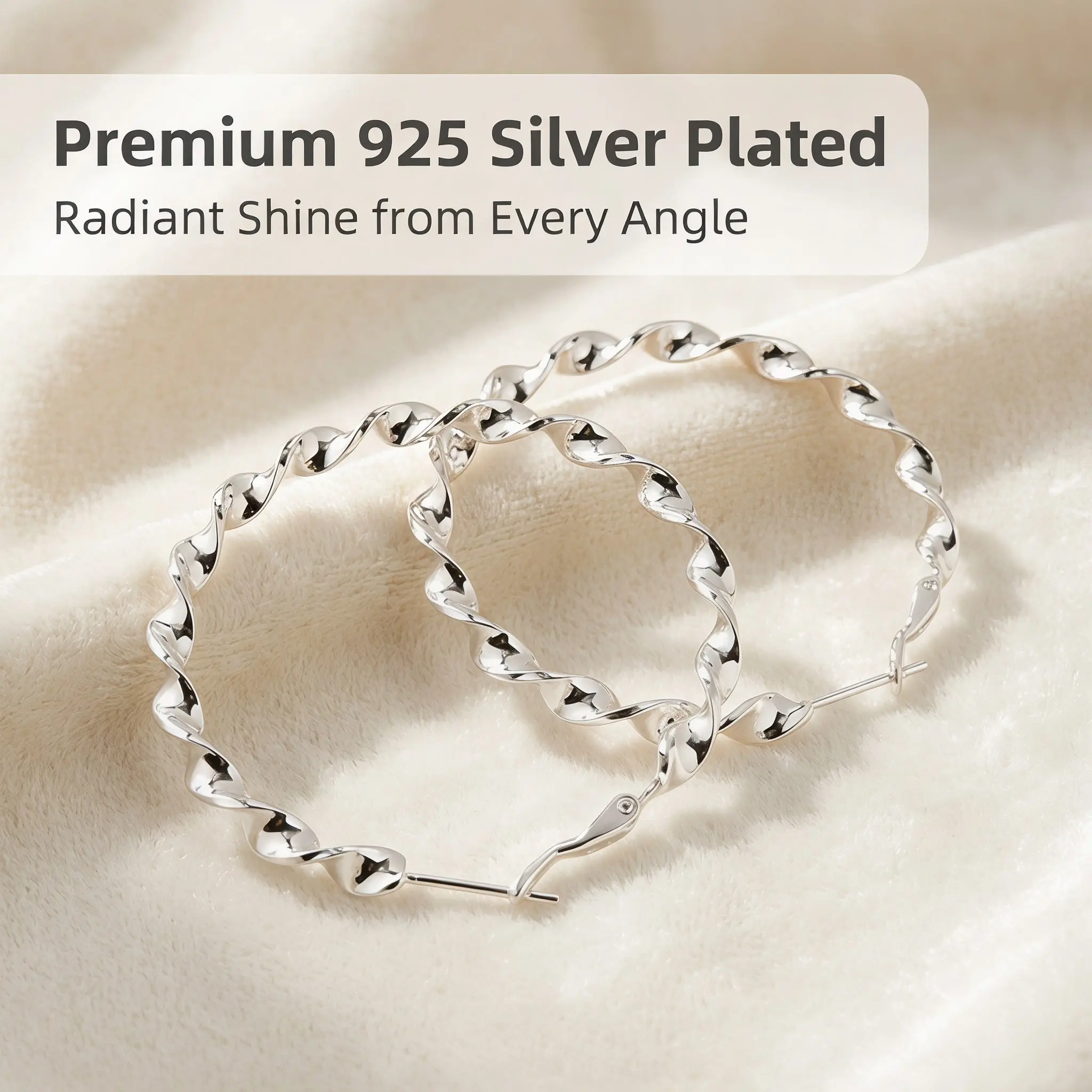 925 Silver-Plated Large Twisted Hoop Earrings - 5cm x 5mm Size & Thickness, Hypoallergenic, Nickel-Free, Lead-Free, Tarnish-Resistant, Fade-Resistant, Timeless Versatile Statement Hoop Shape Jewelry, All Seasons Everyday Wear, Ideal Family Gift