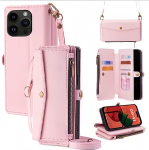 Women's Crossbody Wallet Case for iPhone 17/16/15/14/13/12 Pro Max/16Plus, Multifunctional Zipper Side-Clip Bag, RFID Shield Insertable Cardholder, Detachable Pocket, Comes With Long & Short Strap, Stylish Practical In Black, Light Pink, Hot Pink, White