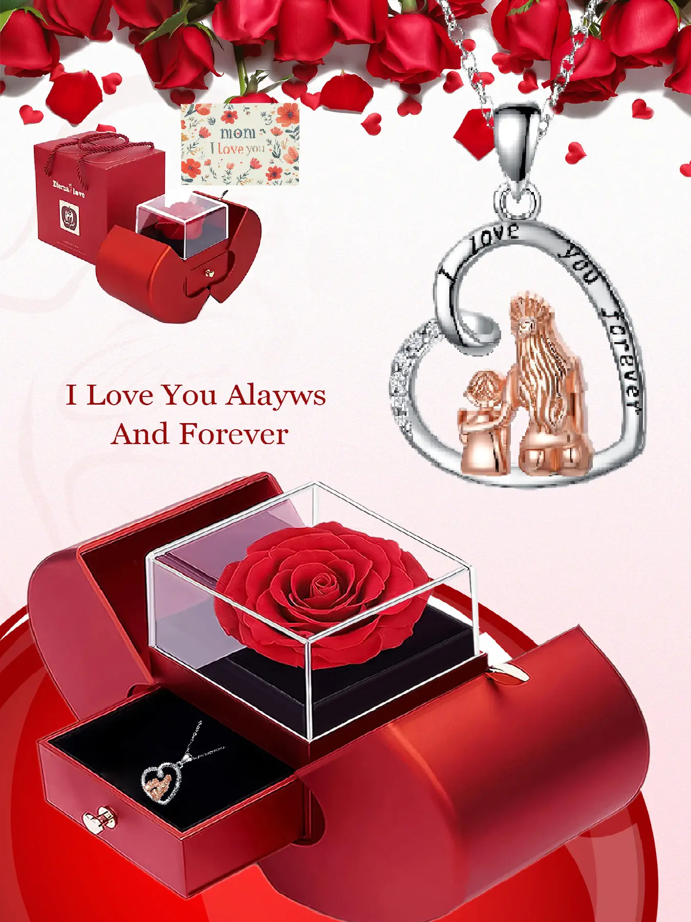 ‘I Will Love You Forever’ Zircon Chain Pendant Necklace Unique Heart-Shaped Necklace with Romantic Rose Apple Gift Box, Women’s Jewelry Gift, Mother’s Day Necklace for Mom and Grandma, Anniversary Gift, Mother’s Day Gift