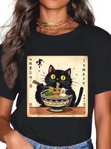 Women's 100% Cotton Casual Short-Sleeve Graphic Tops, Everyday T-Shirt with Cute Black Cat Eating Ramen Noodles Design for Japanese Culture Lovers