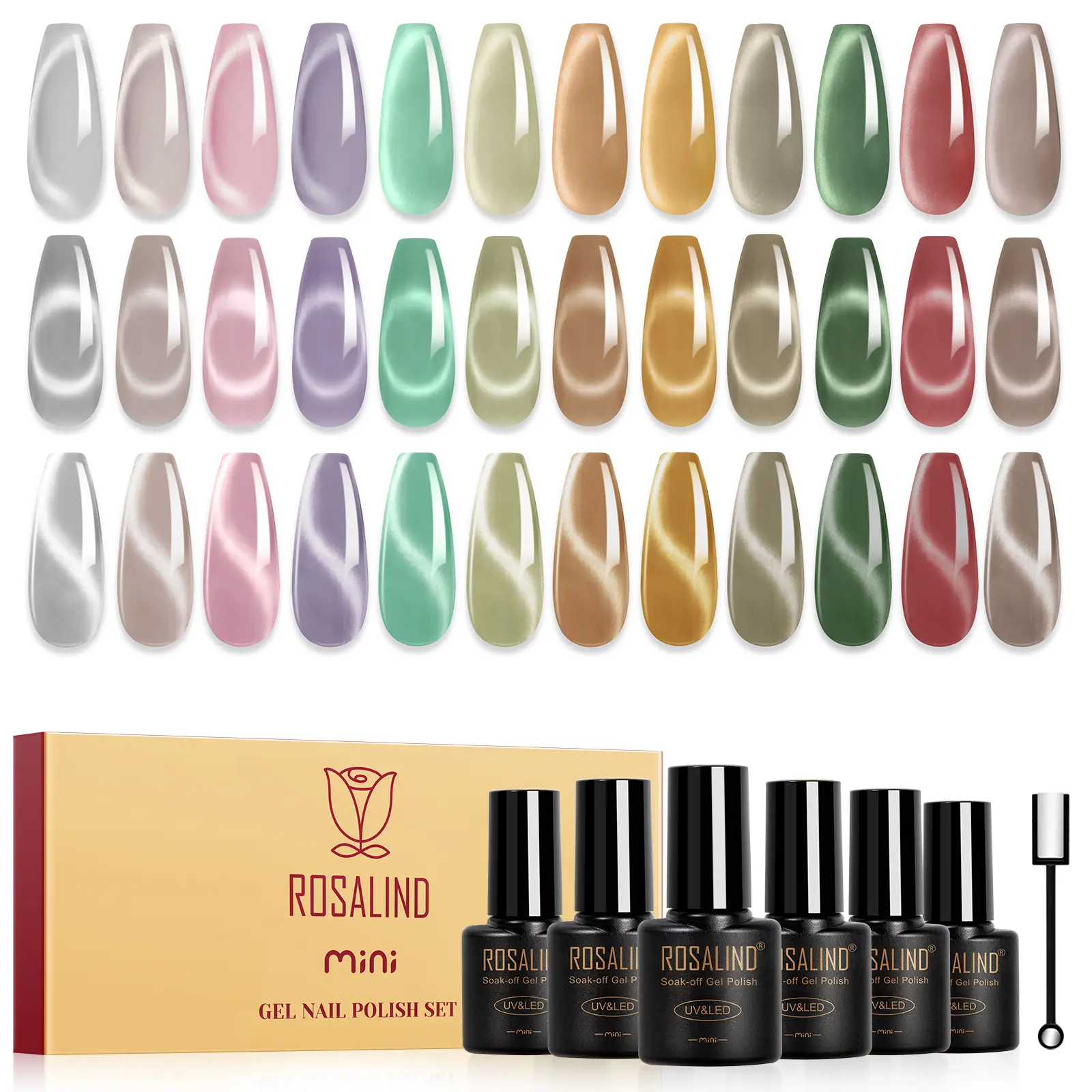 ROSALIND Cat Eye Gel Nail Polish Set Pack, 12-Color Moonlight Shimmer Glitter Mix Soak-Off UV Magnetic Gel Polish Kit Box, Nail Care Manicure DIY Gift for Women, Multi-Pack, Glitter Nails, Gel X At Home