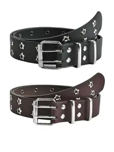 Star Decorated Pu Leather Trendy Versatile Buckle Studded Belt (2pcs), 2024 New Style Punk Fashion Waistband for Men & Women, Fashion Versatile Accessories for Daily Clothing Decor, Belts Men, Stylish Belts
