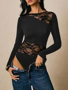 Women's black one-piece dress with lace detailing, sexy and figure-hugging cut, long sleeves + round neckline, suitable for everyday wear with a chic, Elegant and understated mature style, Womenswear Lady, Tops