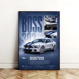 Ford Mustang Boss 302 Poster High Quality Cardboard, Sharp Pattern Silver Blue Racing Stripes with Track-Inspired Design & Performance Specs, Legendary American Muscle Car Wall Art for Home Office Garage Decor, Perfect Gift for Car Enthusiasts & Ford Fans