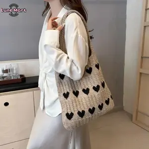 Multi-Functional Nylon Textured Unisex Commuter Tote Bag, Crochet Heart Knitted Bag for Gym & Outdoor Use