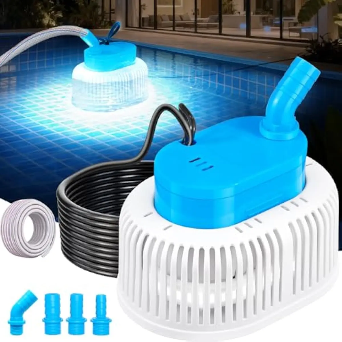 Upgraded Pool Cover Pump Above Ground - Submersible Water Sump Pump with LED Lights, Pool Cover Water Removal Pumps for Pool Draining with 16FT Drainage Hose & 25FT Power Cord, 850 GPH, 4 Adapters