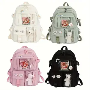 Kawaii backpack with pinned accessories plush pendant, cute aesthetic school backpack, women's large capacity laptop backpack