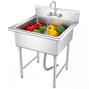27 Inch Practical Freestanding Stainless Steel Single Bowl Utility Sink, Equipped with 360° Swivel Faucet and Hot & Cold Water Pipes.Portable Design, Ideal for Home Laundry Rooms, Restaurants, Outdoor Kitchens, Garages and Various Commercial Spaces.