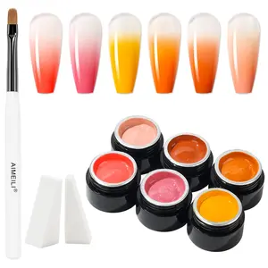 AIMEILI Ombre Gel Nail Polish Kit, Vegan, Cruelty Free, Gradient Blush Effect Solid Gel Polish 6 Colors Pat Painting Gel with Nail Sponge Drawing Brush for DIY Nail Art Salon at Home