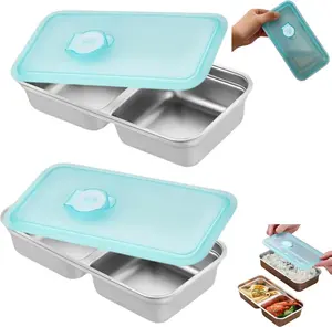 2pcs Snack Containers Reusable, Stainless Steel Double Compartment Container, Leakproof & Airtight Food Storage Containers, Double Condiment Containers with Lids, For Snacks Dips