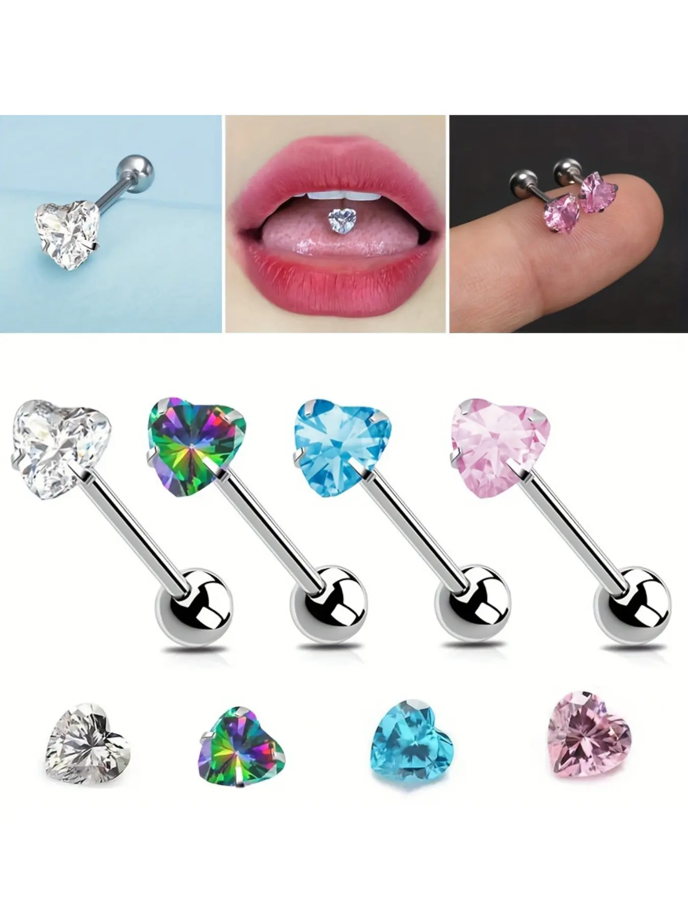4 Piece Set Multi-Color Heart-Shaped Tongue Studs, Body Piercings, Elegant Simple Design, Versatile Piercing Jewelry, Stylish Accessory for Women, Chic Body Jewelry