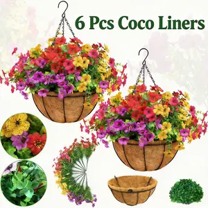Bamworld 6 Piece 11 Inch Round Natural Coco Fiber Liners, （without flowers）Hanging Flowers Basket Replacement Liners for Planters & Flower Pots, Indoor/Outdoor Garden Use,summervibes（Without flowers）
