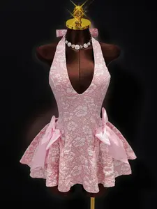 Summer New Sakura Embossed Halter Dress, Chic Feminine Elegant, Side Large Bowknot Decoration, A-Line Short Skirt, Wedding Bridesmaid/valentine's Day Date Princess Dress