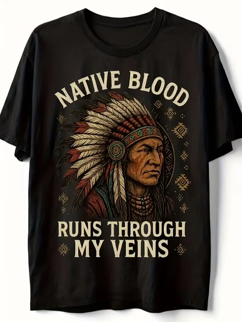 Retro Cultural Shirt for Men & Women - Native Blood Runs Through My Veins T-Shirt - Native American Pride Heritage Tee, Tribal Design for powwows, reservations & Indigenous Communities
