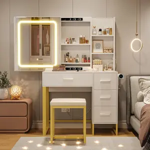 Vanity Desk with Lights and Power Outlets - Makeup Table Charging Station - 3 Color LED Mirror/4 Drawers/Storage Shelves/Hair Dryer Holder/Stool - White