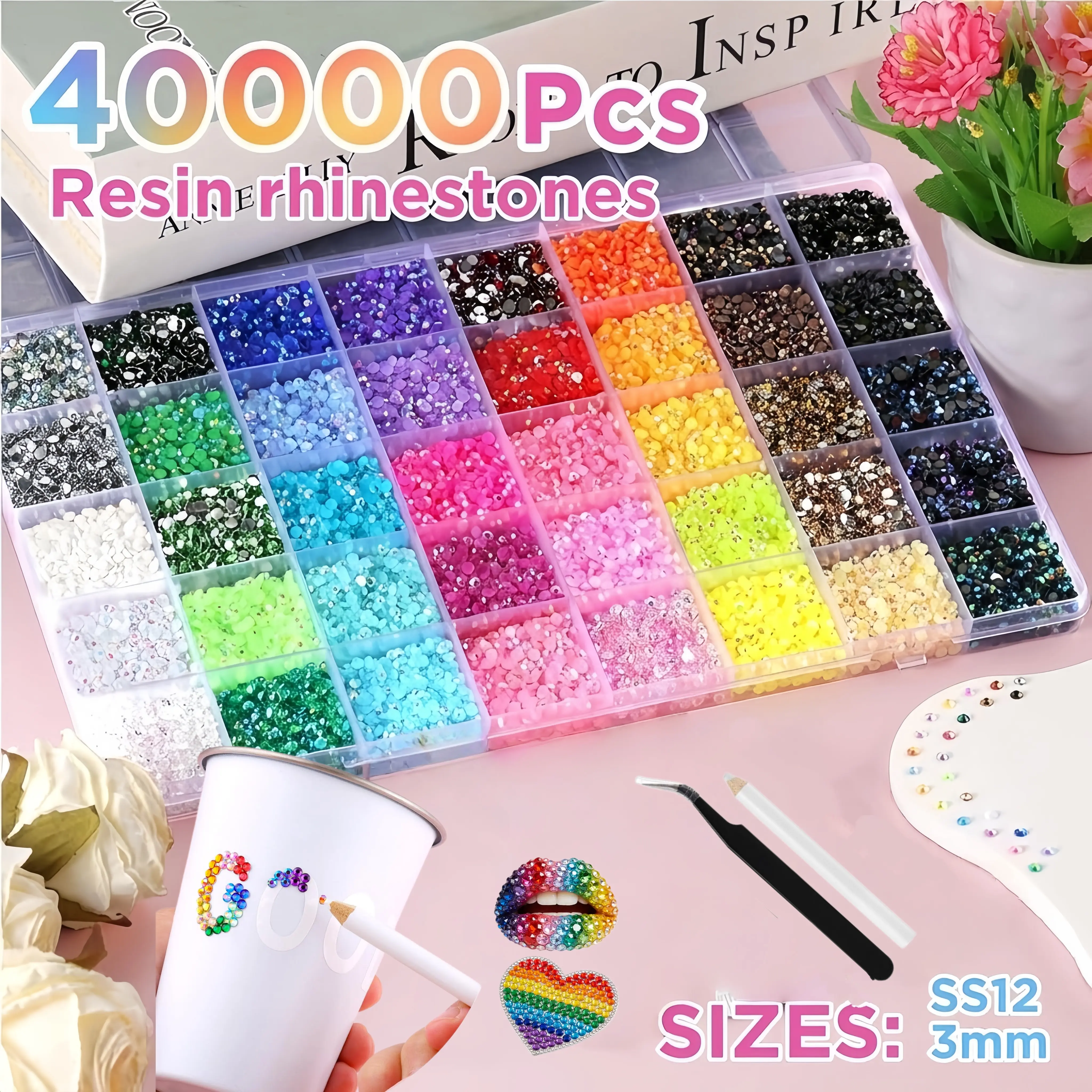 40,000 Pcs Jelly Rhinestone Kit, 3mm Flatback Resin Gems in 40 Vibrant Colors for Decorated Nails & DIY Crafts, Acrylic Resin Nail Art Accessories Set with Picker Tools, Easy & Beginner-Friendly, 40 Colors-40000Pcs-3Mm, Bedazzling Kit, Use Tweezers