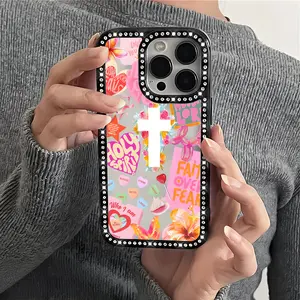 Christian Cross Pattern Bling Glitter Phone Case with Sparkle Rhinestone Diamond,Airbag Anti-Fall Crystal Cover for iPhone 16 15 14 13 12 Pro Max Plus