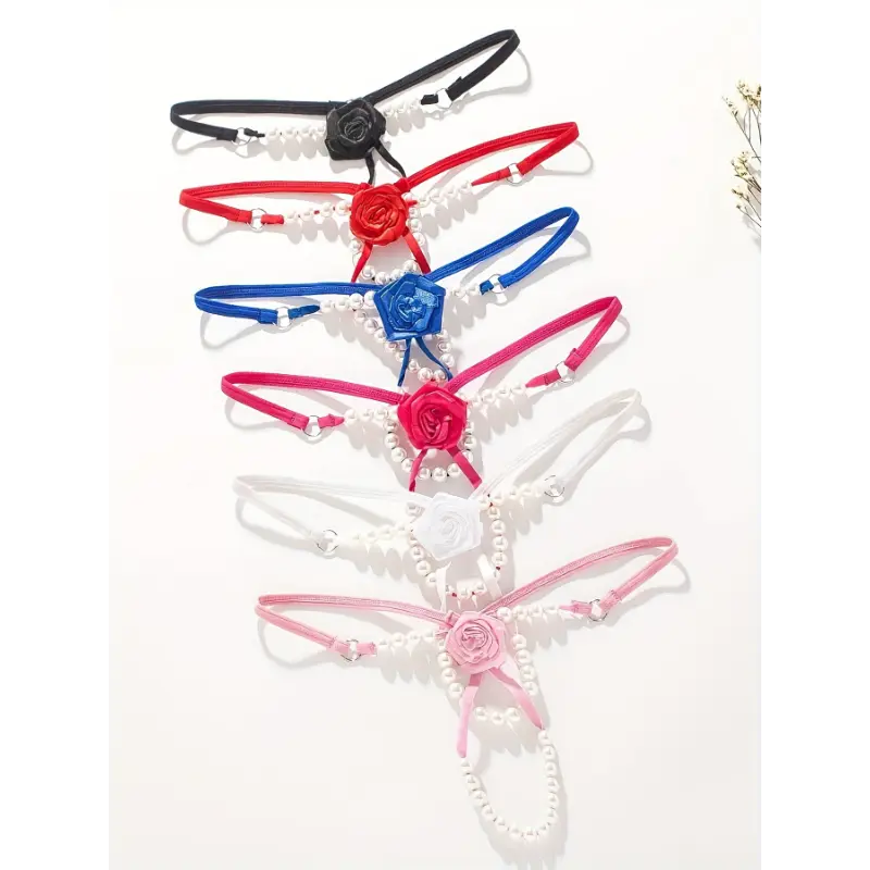 Women's 6-Piece V-String Thong Panties in an Elastic Knit Fabric, Underwear Set with Beaded Pearls, Professional Dry Clean, Floral, Thongs & V-Strings, Six Pieces