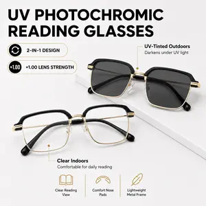 UV-Induced Photochromic Reading Glasses +1.00 for Ages 40-45, Anti Blue Light UV Protection Readers, Black Gold Lightweight Eyeglasses for Men Women, Work Travel Everyday Wear, SummerVibes