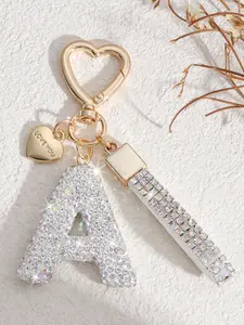 New Fashion Soft Clay Silver Color Rhinestone Letter Keychain Heart Pendant, Women's Bag Accessory Car Key Chain Keychain For Bags Gift for Mom Friends