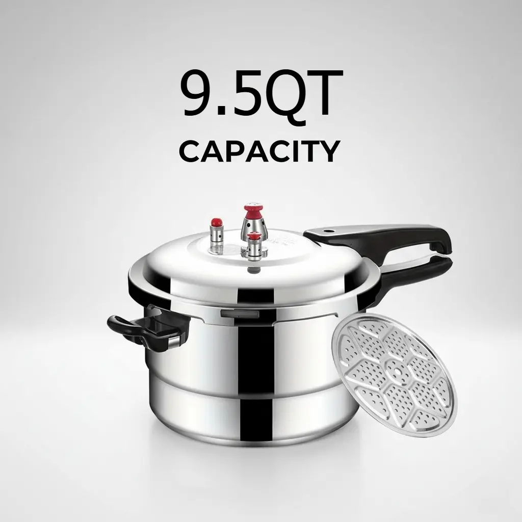 9.5-Quart Aluminum Pressure Cooker, Multifunction stovetop canner for simultaneous fast cooking and steaming—ideal for family dinners, camping trips, and outdoor fun