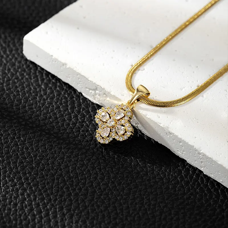 Women's Pendant Necklace with 4-Leaf Clover Charm, Dainty Gold-Tone Copper on a Sugar Cube Chain, Hypoallergenic Accessory for Daily Wear and Gifting, Accessories, Casual, Female, Long, Accessories For Women, Titanium Steel