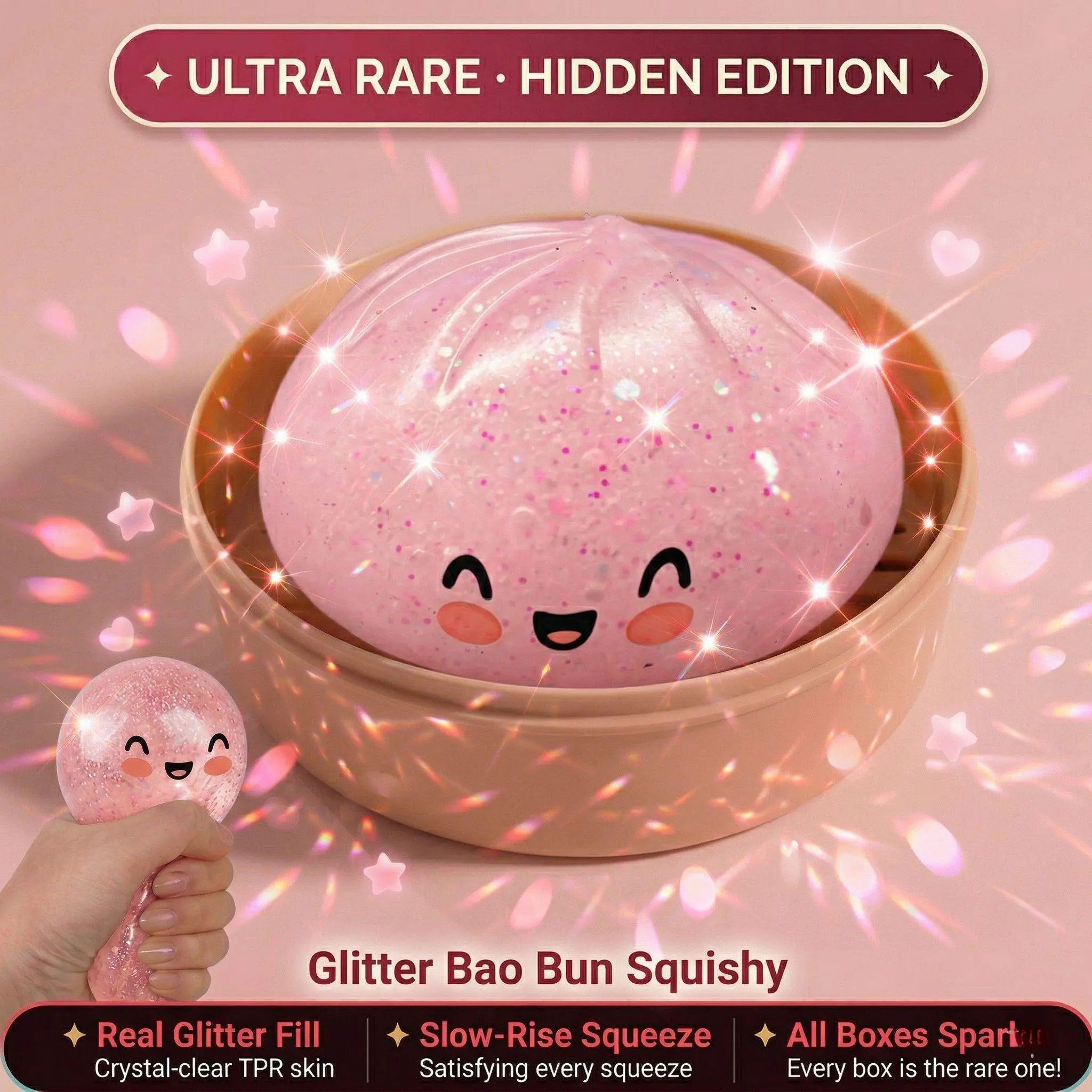 Viral Dumpling Squishy ULTRA RARE Pearl Pink Glitter Hidden Edition | Squishy Dumpling Slow Rise Stress Relief Fidget Toy Soft TPR Squeeze Ball ASMR Sensory Gift Cute Blind Box Squishy Butter Feel Hand Toy Relaxing Squeeze Toy s food