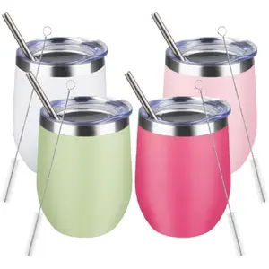 12oz 4 Pack Double Wall Vacuum Insulated Stainless Steel Wine Tumbler with Lids for Cold and Hot Drinks Travel Use Light Color