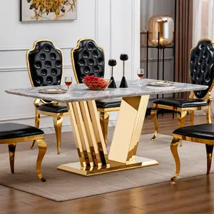 70-in Rectangular Marble-Look Modern Large Kitchen Table, 6-Person Capacity, Polished Edge, Mirrored Stainless Steel Legs (Table Only)