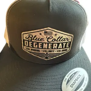 Blue Collar Degenerate Snap Back Cap - Authentic Design with "Still Working" Text and leatherette American Flag Emblem Snapback Adjustable