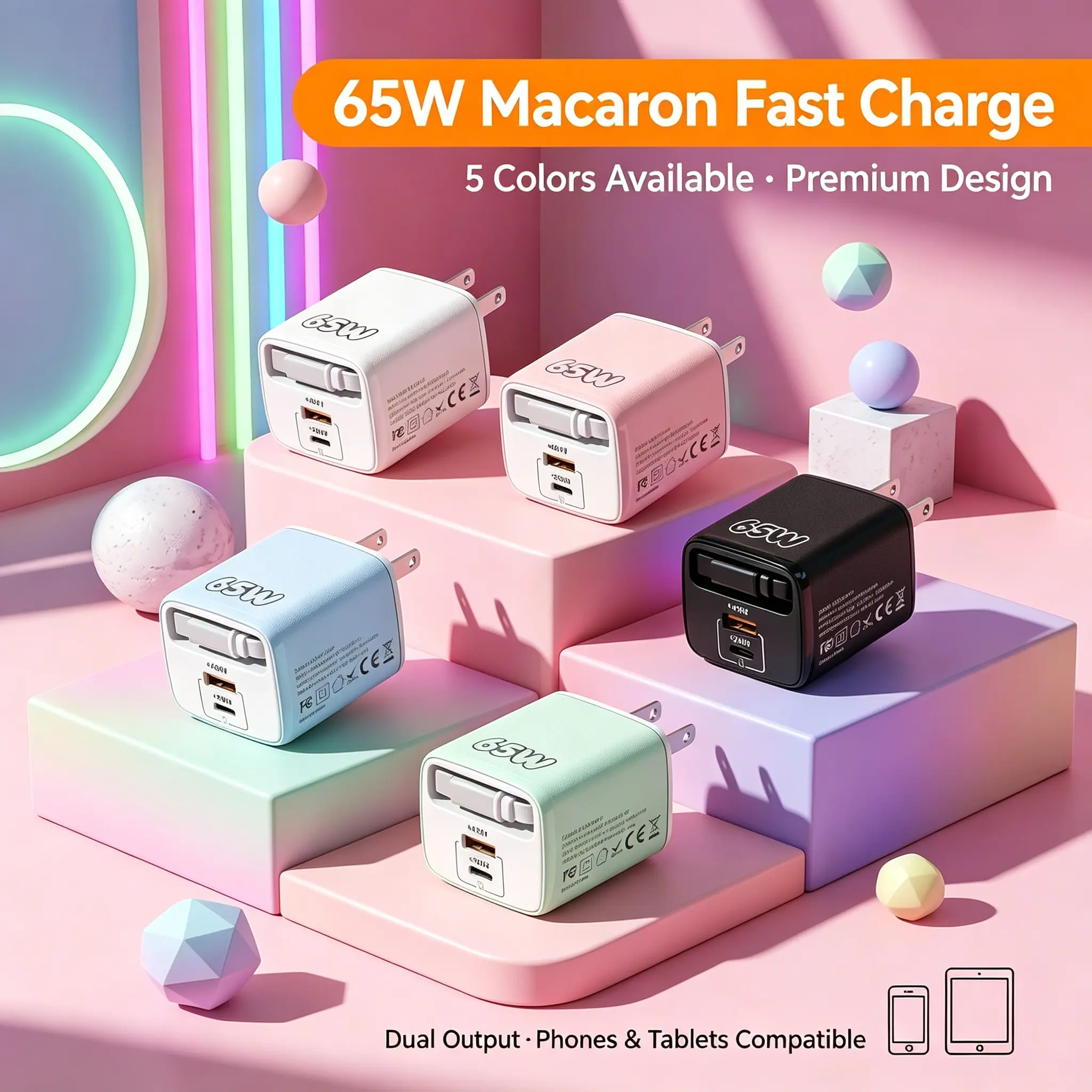 65W Retractable Wall Charger, USB C Charger Block Built-in Type C Cable| Dual Port, PD PPS Fast Charging GaN Power Adapter Travel Charger for MacBook,Lenovo IdeaPad,iPhone 16 Pro Max,Galaxy S24