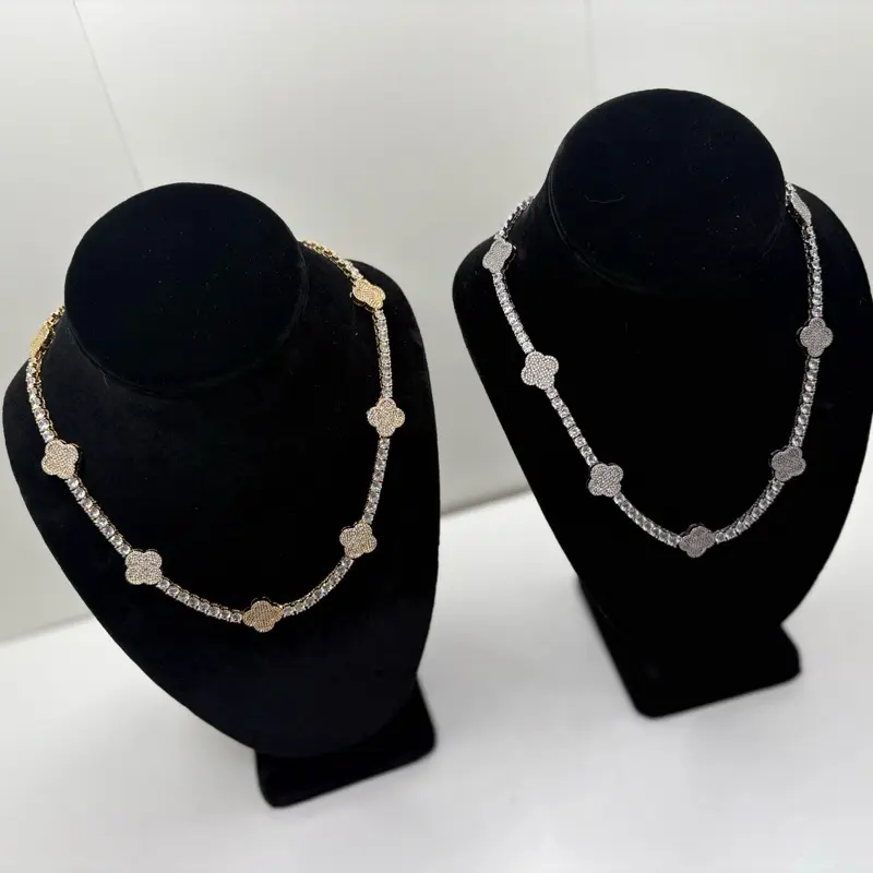 Brass Cubic Zirconia Four Leaf Clover Platinum Plated Tennis Necklace Elegant Design