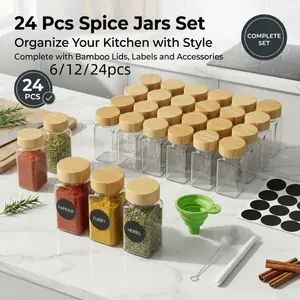 Set of 24 glass spice jars (6 or 12 pieces), with bamboo lids; square jars include labels and funnels; leak-proof storage jars, ideal for herbs, spices, and kitchen organization