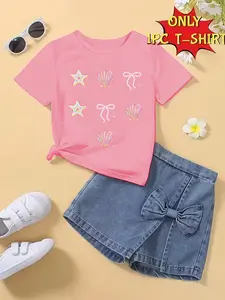 Girls' Summer Fashion Bow Series Shell Starfish Bow Pattern Print Comfortable Round Neck Short Sleeve T-Shirt, Casual Versatile Unisex, Graphic Print Shirt