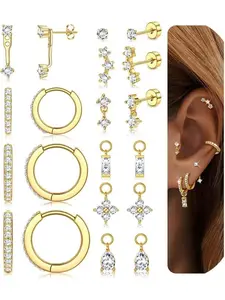 14K Gold Plated Flat Back Earrings for Women - Surgical Stainless Steel Hoop Cartilage Earring Set - FlatBack Stud Stack with CZ Charm for Helix,Conch,Tragus,and Cartilage Piercings - High Quality Earrings