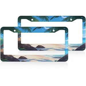 Beach Palm Trees Print License Plate Frame - 2 Pcs Universal Accessories Cars Decor with 2 Holes and Screws Fits Us Standard License Plates 12.2x6.3 Inch ﻿