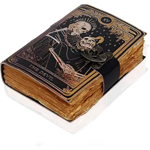 Book of Spells Leather Journal Deckle Edge Paper Grimoire Printed Journal The Devil Tarot Notebook Spiral Gothic Notebook Skull lover Antique  Leather Journals for Men and Women