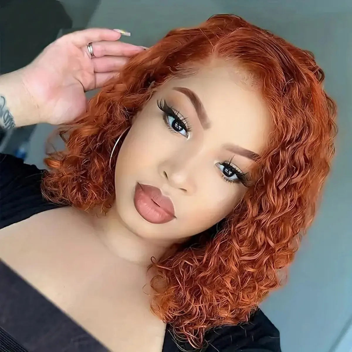 BOB Wig Ginger Orange Water Wave #350 Colored 13x4 Transparent Lace Front Wig Human Hair For Women Deep Curly Wigs Pre-Plucked With Baby Hair Bob Wig Big Lace Kinky Curly Hairstyle 200% Density, Glueless Wig, Wigs Human Hair