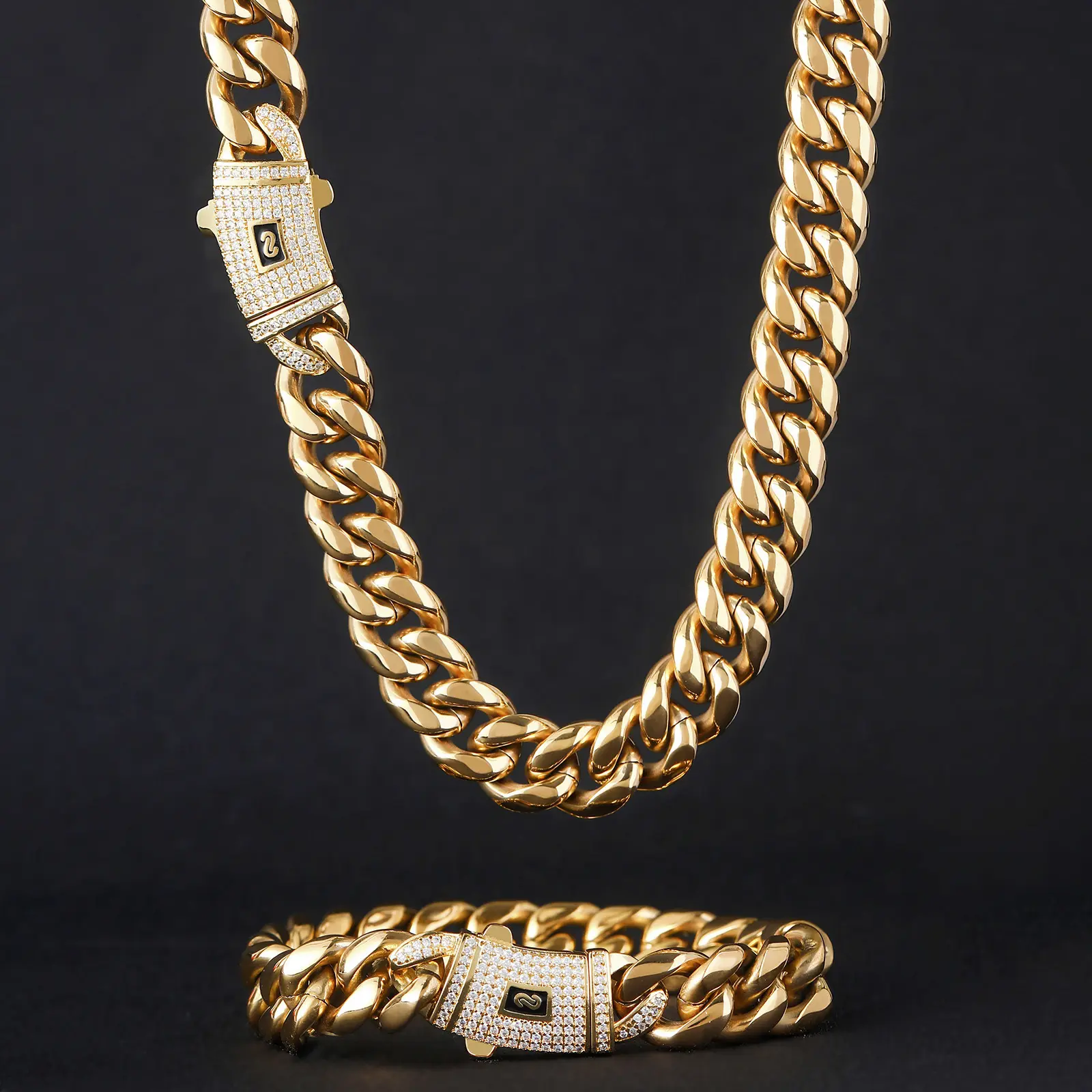 Sparkling Cuban Jewelry Set 14mm SOLID 14K Gold Miami Cuban Bracelet & Necklace Kit with Diamond Clasps 7.5-30" Mens Hip Hop Boss Cuban Link Chunky gold-plated cuban link chain high quality weighty feel