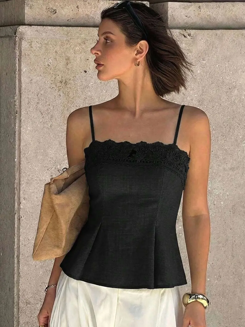 Women's Lace-Trimmed Camisole, Elegant Beige Summer Vacation Milkmaid Top, Square Neck Crocheted Lace Trim Peplum Cami Spaghetti Strap Tea Party