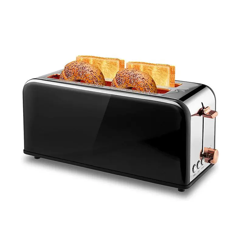 Pukomc Toaster 4 Slice with Wide Slots, 2 Long Slot Toaster for Bagels Waffles and Toast, 6 Browning Levels, Stainless Steel, Removable Tray, WT-8500 Black (1500W) Toastie Machine Kitchen Appliances